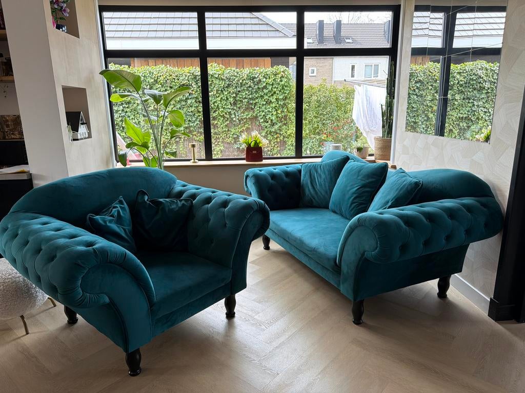 Chesterfield fauteuil en twee-zits bank velours, Gebruikt, Ophalen of Verzenden, Stof, 75 tot 100 cm