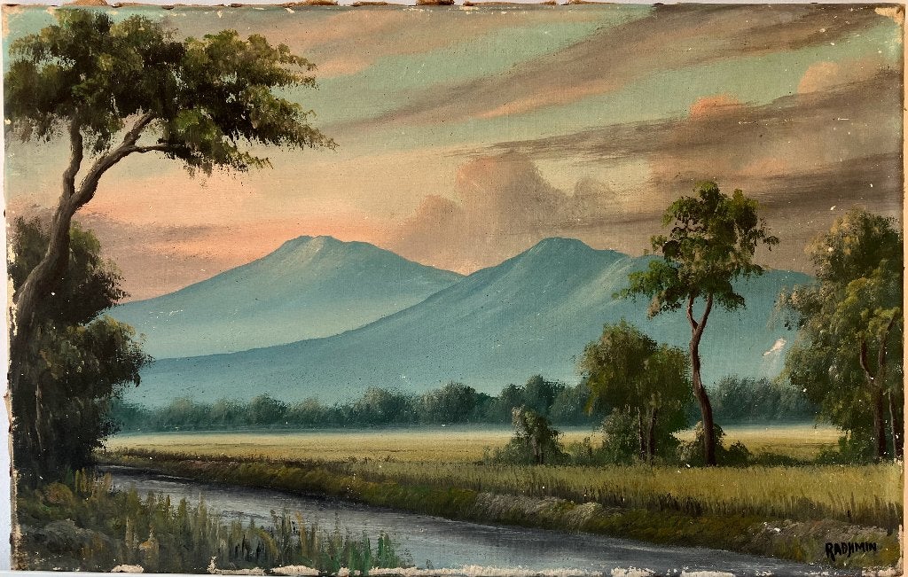 Radjimin - Olieverf op linnen uit 1949, Doek, Ophalen of Verzenden, Landschap, Olieverf