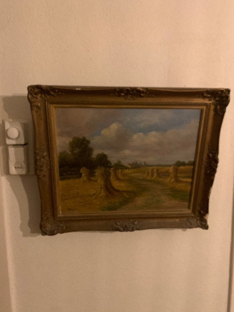Schilderij met goudkleurige lijst granen landschap, Antiek en Kunst, Ophalen