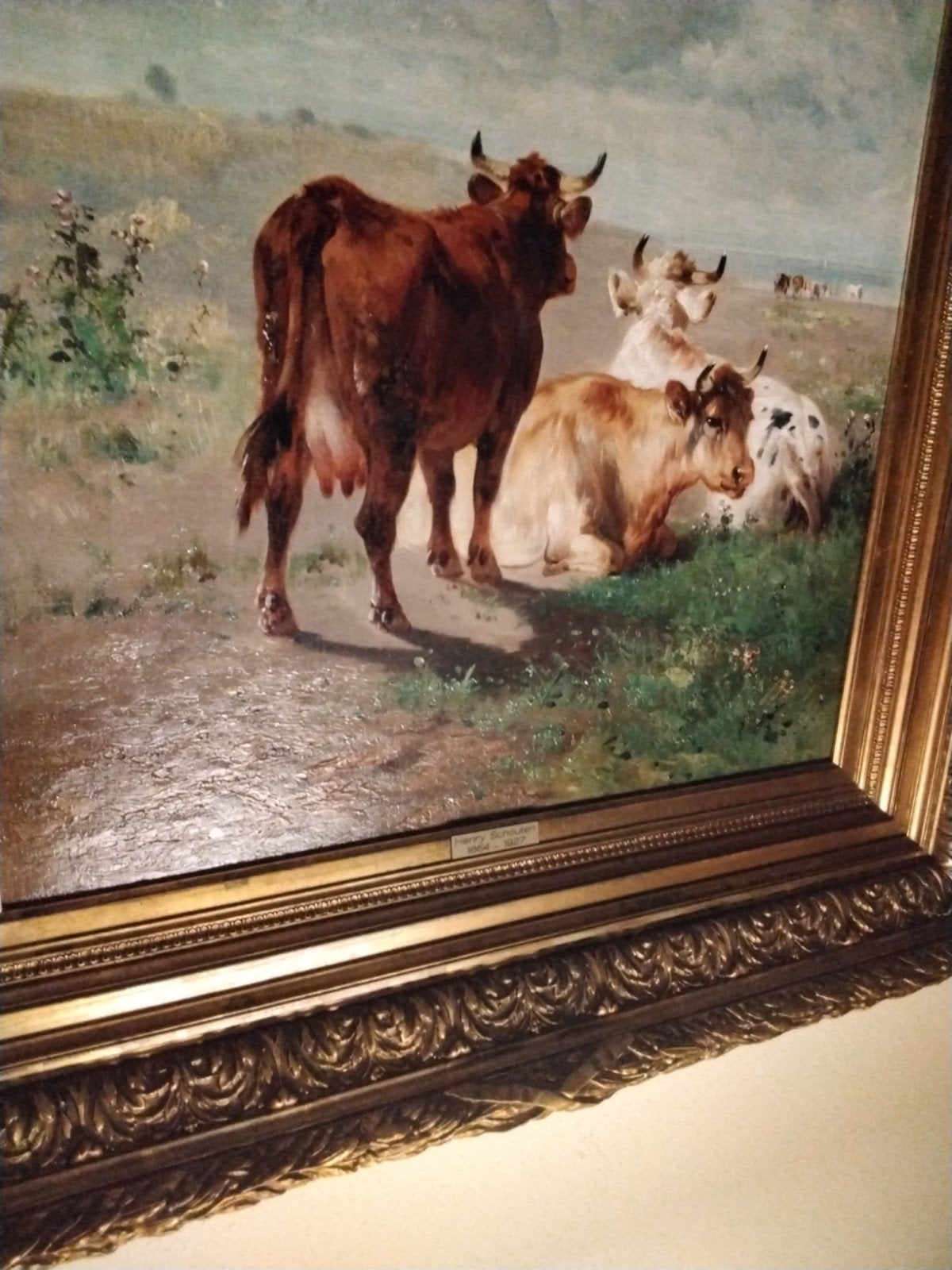 Rustende Koeien - Heny Schouten (1864-1927) Olie op Doek, Antiek en Kunst, Ophalen, Doek, Realistisch, Dieren