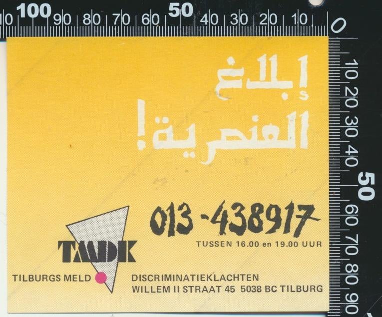 Sticker: Tilburgs Meld Discriminatieklachten - Tilburg (1), Ophalen of Verzenden, Zo goed als nieuw, Bedrijf of Vereniging