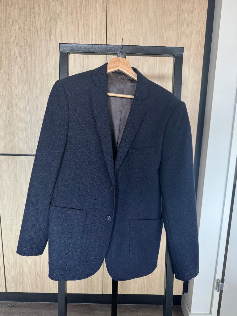 Colbert - Blauw met oranje accenten in de voering/knopen 50, Ophalen of Verzenden, Zo goed als nieuw, Maat 48/50 (M), Blauw