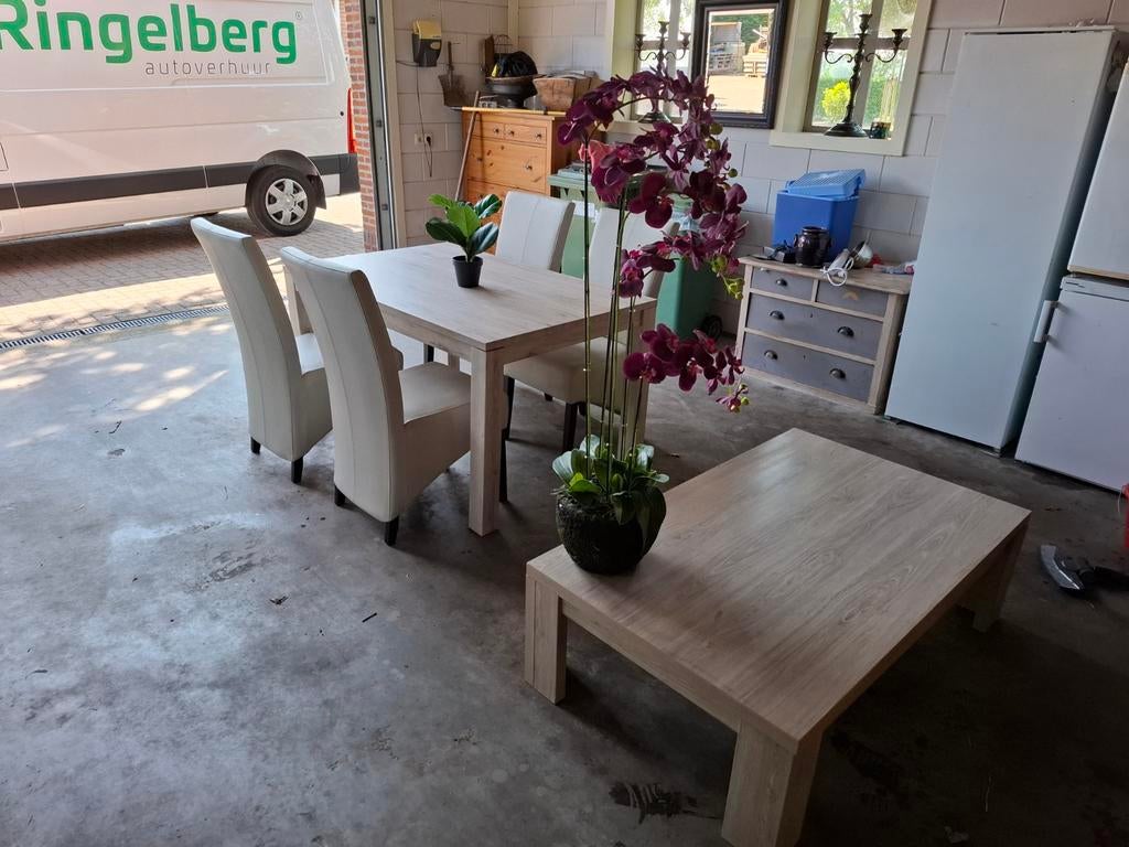Eettafel en salontafel set - Licht hout, Ophalen, Gebruikt, 100 tot 150 cm, 50 tot 100 cm