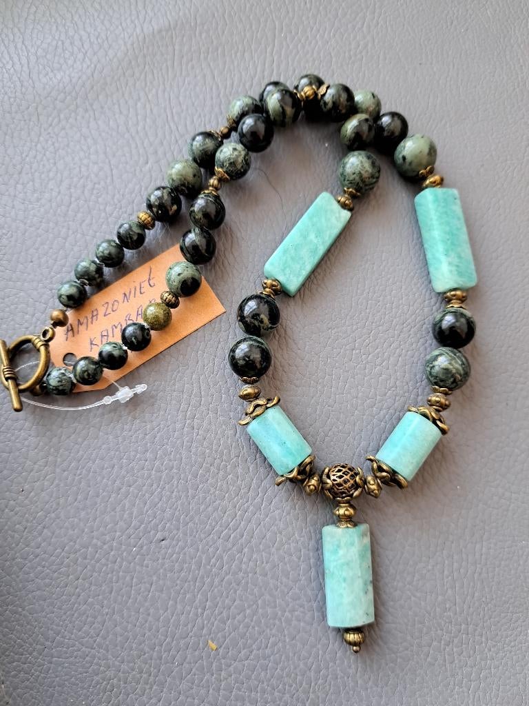 238 Ketting van Agaat met Kambaba Jaspis en Amazoniet, Nieuw, Ophalen of Verzenden, Steen of Mineraal, Met edelsteen