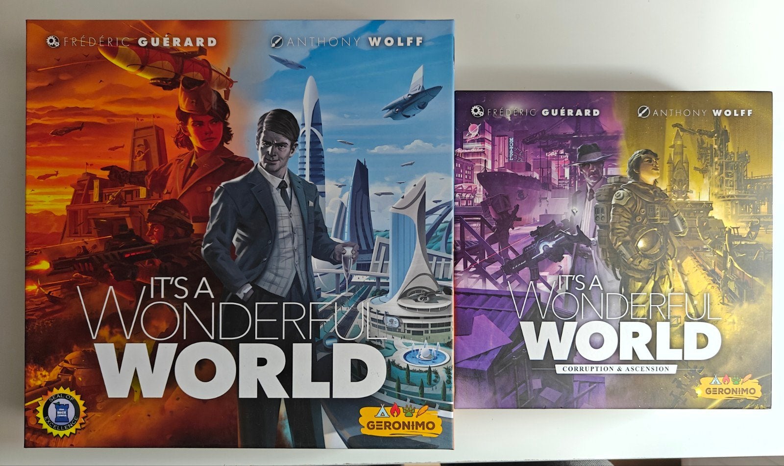 It's a Wonderful World bordspel + uitbreiding, Hobby en Vrije tijd, Gezelschapsspellen | Bordspellen, Ophalen of Verzenden, Zo goed als nieuw