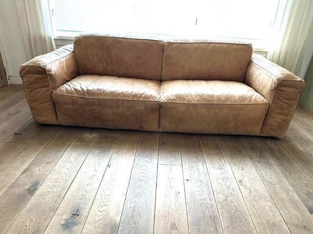 vintage leren bank robuuste stoere lederen bank, Gebruikt, Overige maten, Ophalen of Verzenden, Rechte bank