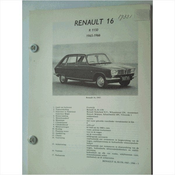 Renault 16 Vraagbaak losbladig 1965-1966 #1 Nederlands, Ophalen of Verzenden, Gelezen, Renault
