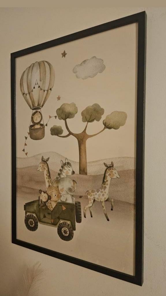 Set van 2 ingelijste kinderposters - Safari dieren, 50 tot 75 cm, Ophalen of Verzenden, Zo goed als nieuw, Foto of Poster