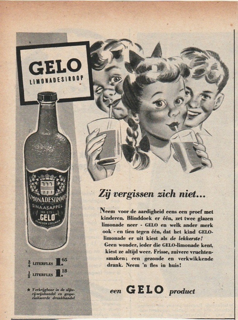 Retro reclame 1953 Gelo limonade kinderen zijn zeker er van, Verzenden, Overige typen
