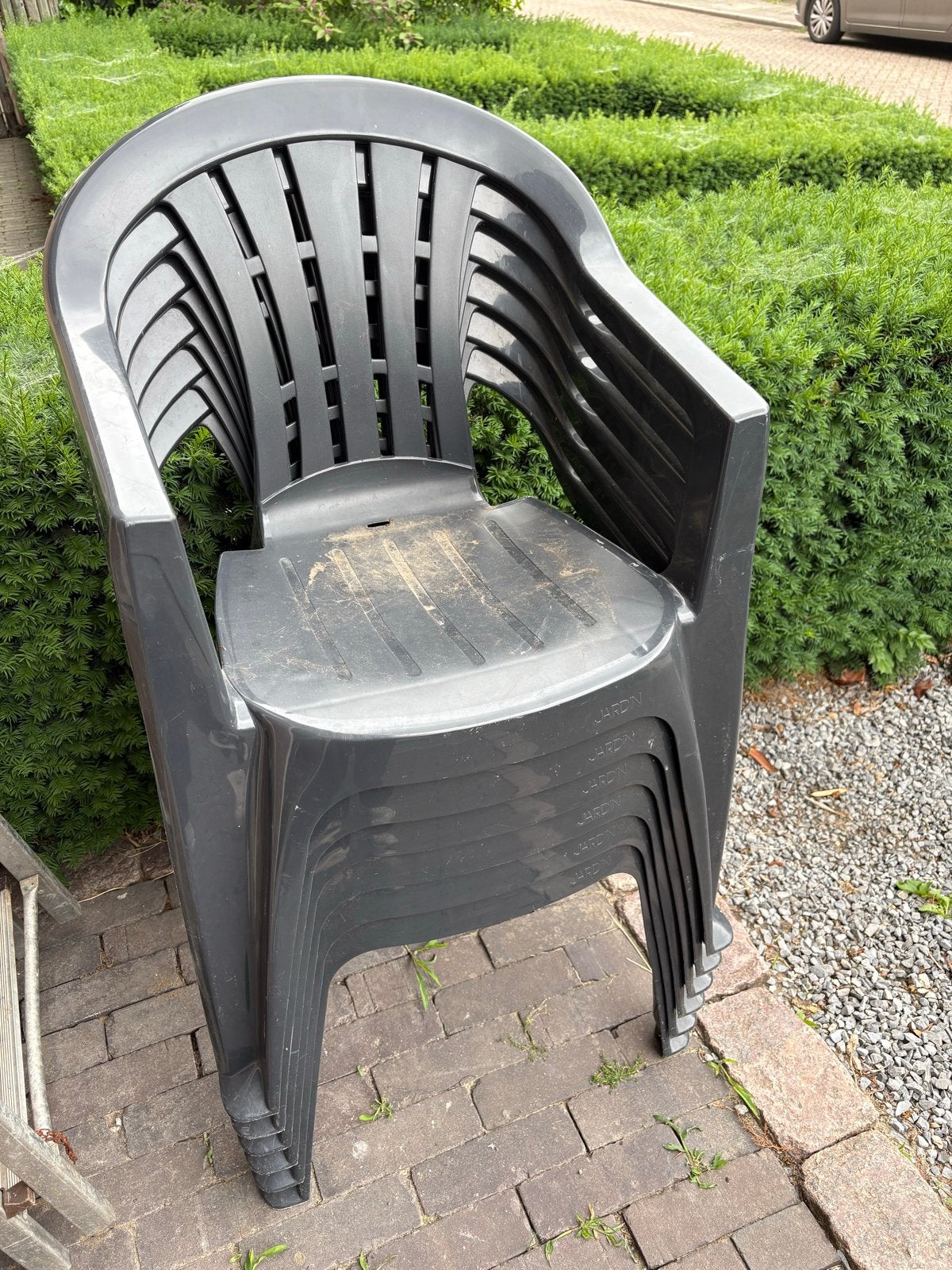 Stapelbare tuinstoelen antraciet van kunststof - 6 stuks, Tuin en Terras, Ophalen, Zo goed als nieuw, Kunststof, Stapelbaar
