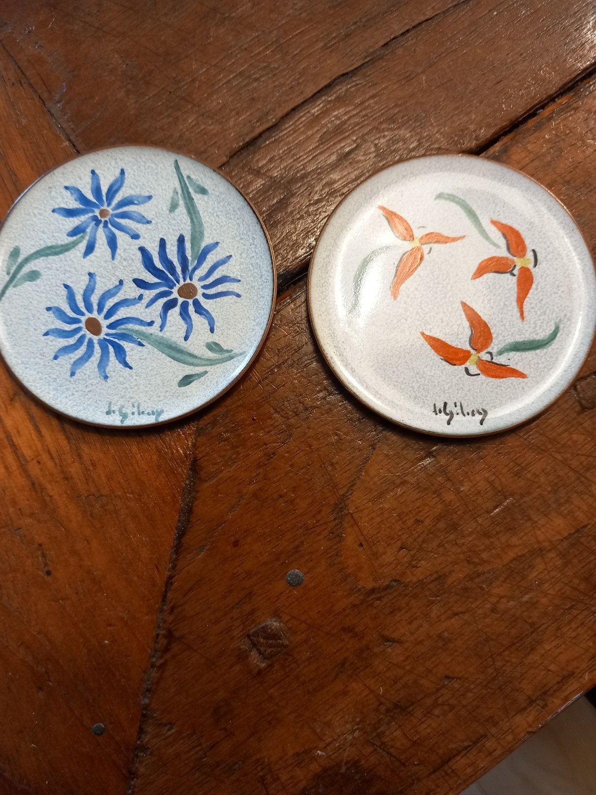 Vintage koperen onderzetters met emaille bloemdecoratie, Ophalen of Verzenden