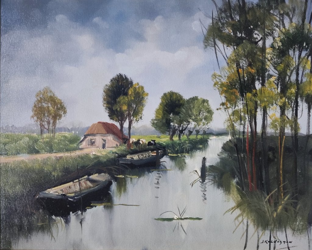 Jan Kelderman (1914-1990) - Hollandse polder met koeien, Doek, Impressionistisch, Ophalen of Verzenden, Landschap