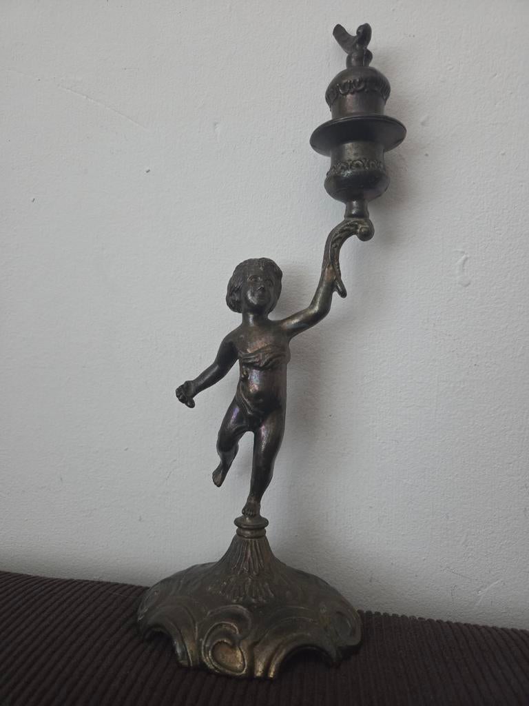 Klassieke Kandelaar met Cherubijn incl dovertje Koper/Brons, Ophalen of Verzenden, Koper of Brons