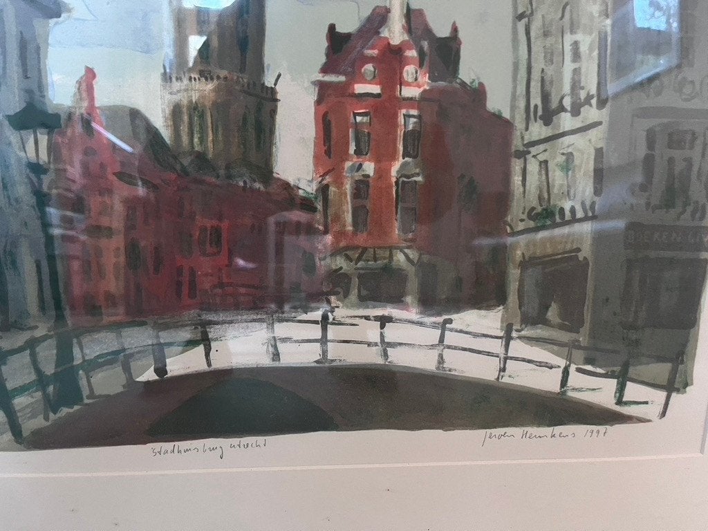 Jeroen Hermkens Stadhuisbrug Utrecht, Antiek en Kunst, Ophalen, Ingelijst, Overige onderwerpen, Lithografie
