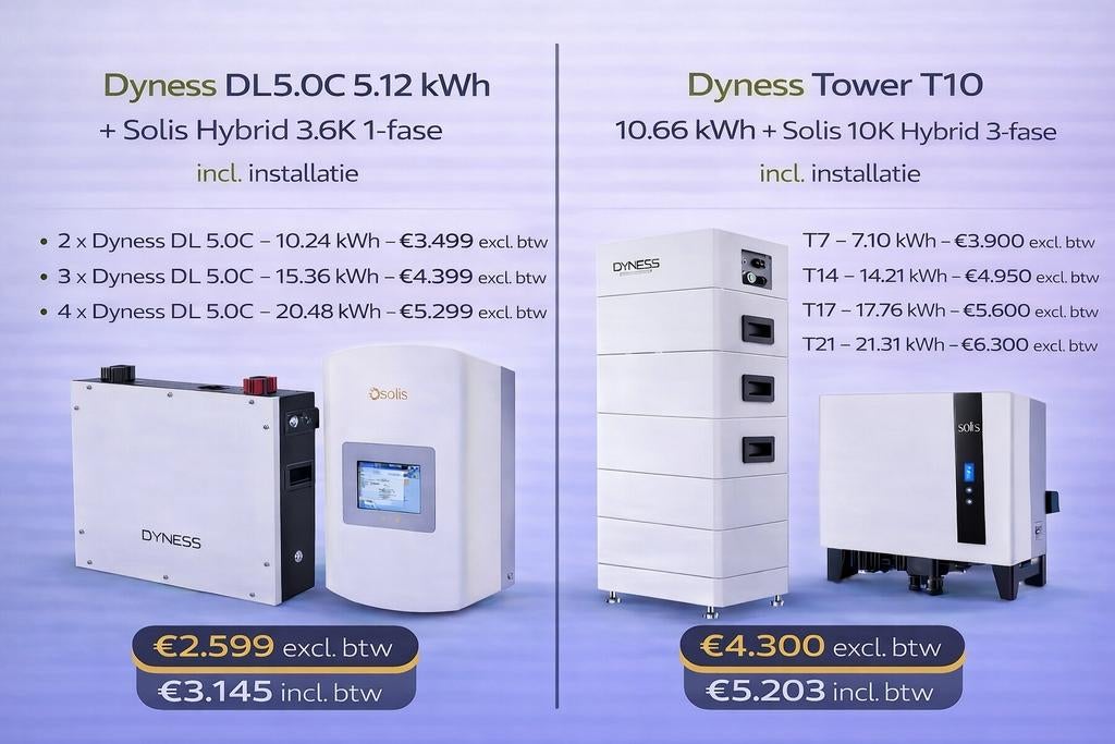 Thuisbatterij Dyness+Solis Hybride omvormer incl.installatie, Ophalen, Nieuw, Compleet systeem, 200 wattpiek of meer