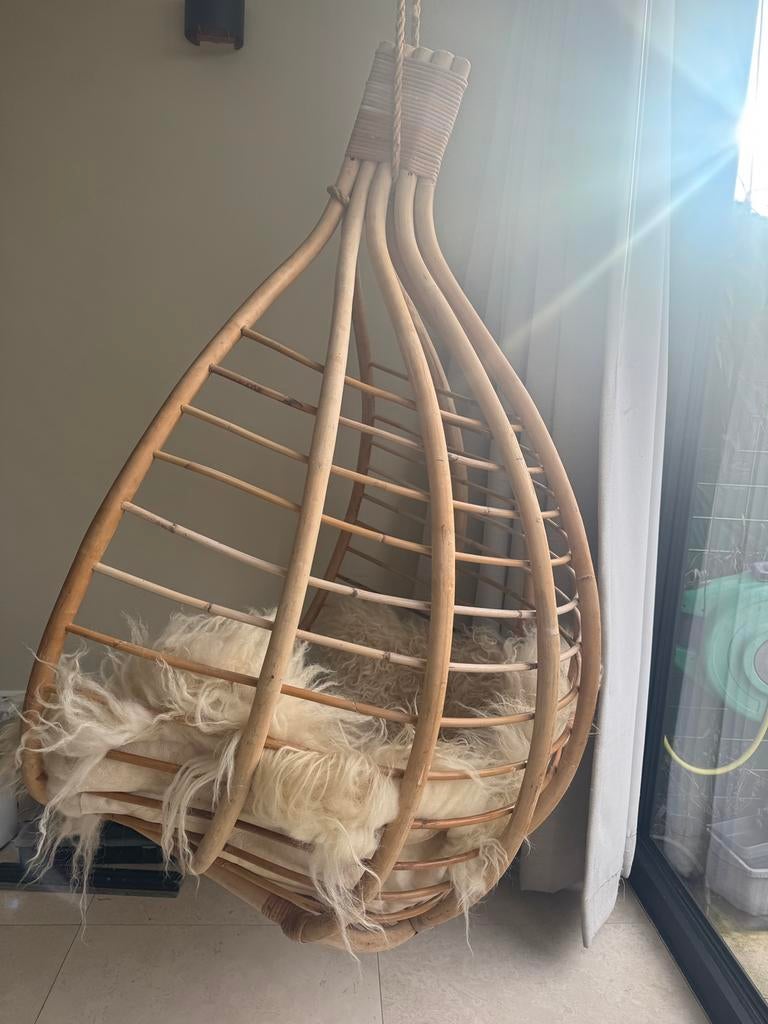Indonesische handgemaakte bamboo Ibiza style hangstoel, Wit, Riet of Rotan, Zo goed als nieuw, Eén
