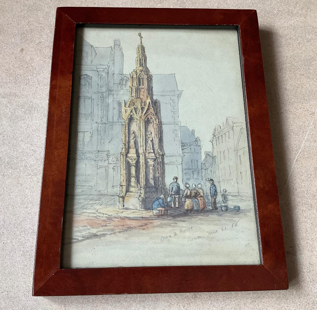 19de eeuws aquarel van Croix de Pierre in Rouen uit 1866, Antiek en Kunst, Kunst | Schilderijen | Klassiek, Verzenden