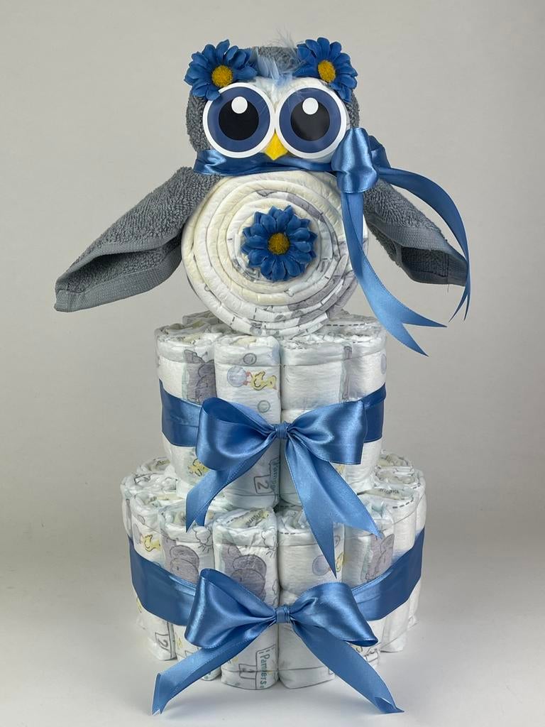 Luiertaart jongen uil grey-blue diep blauw, Ophalen of Verzenden, Nieuw, Kraamcadeau