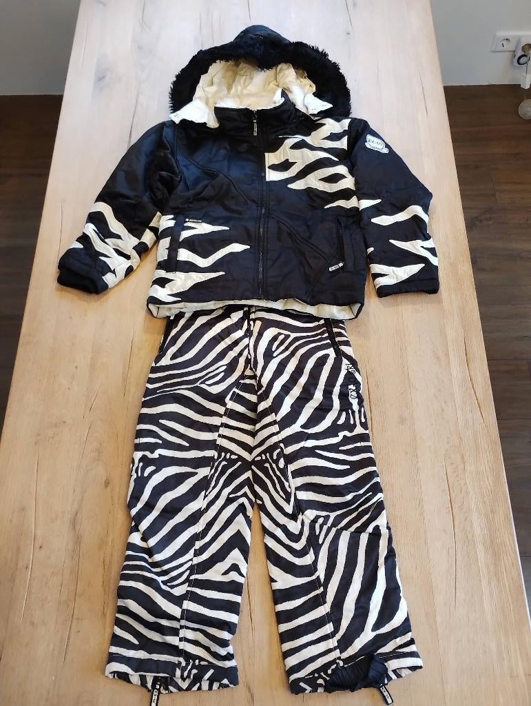 EX-10 ski jas+broek met zebra print [maat 140], Overige merken, Gebruikt, 100 tot 140 cm, Ophalen of Verzenden