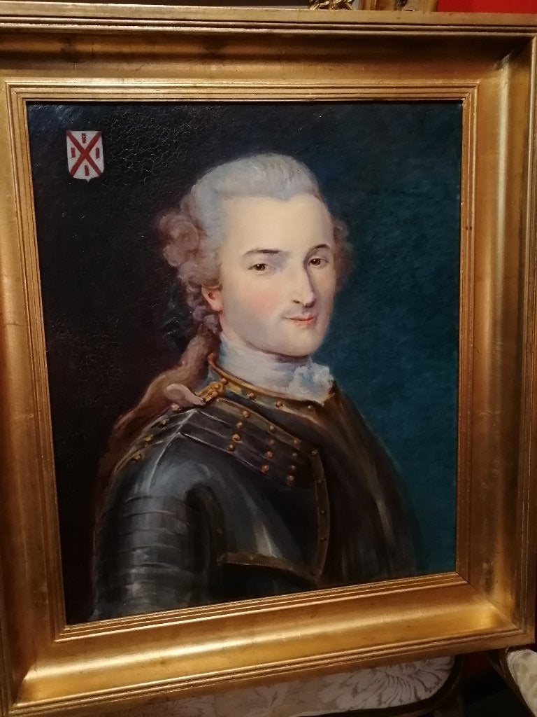 portrait edelheer in harnas fam wapen Delahaye olie op doek, Antiek en Kunst, Ophalen