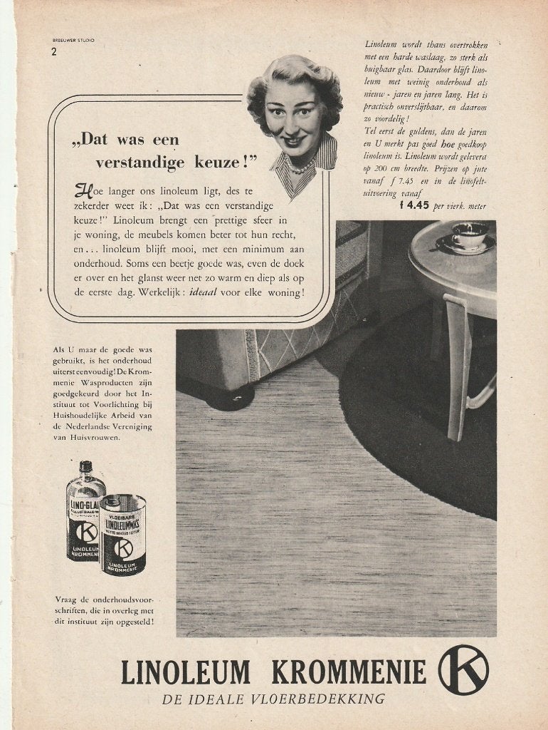 retro reclame 1952 Krommenie linoleum en de goede was, Verzenden, Overige typen