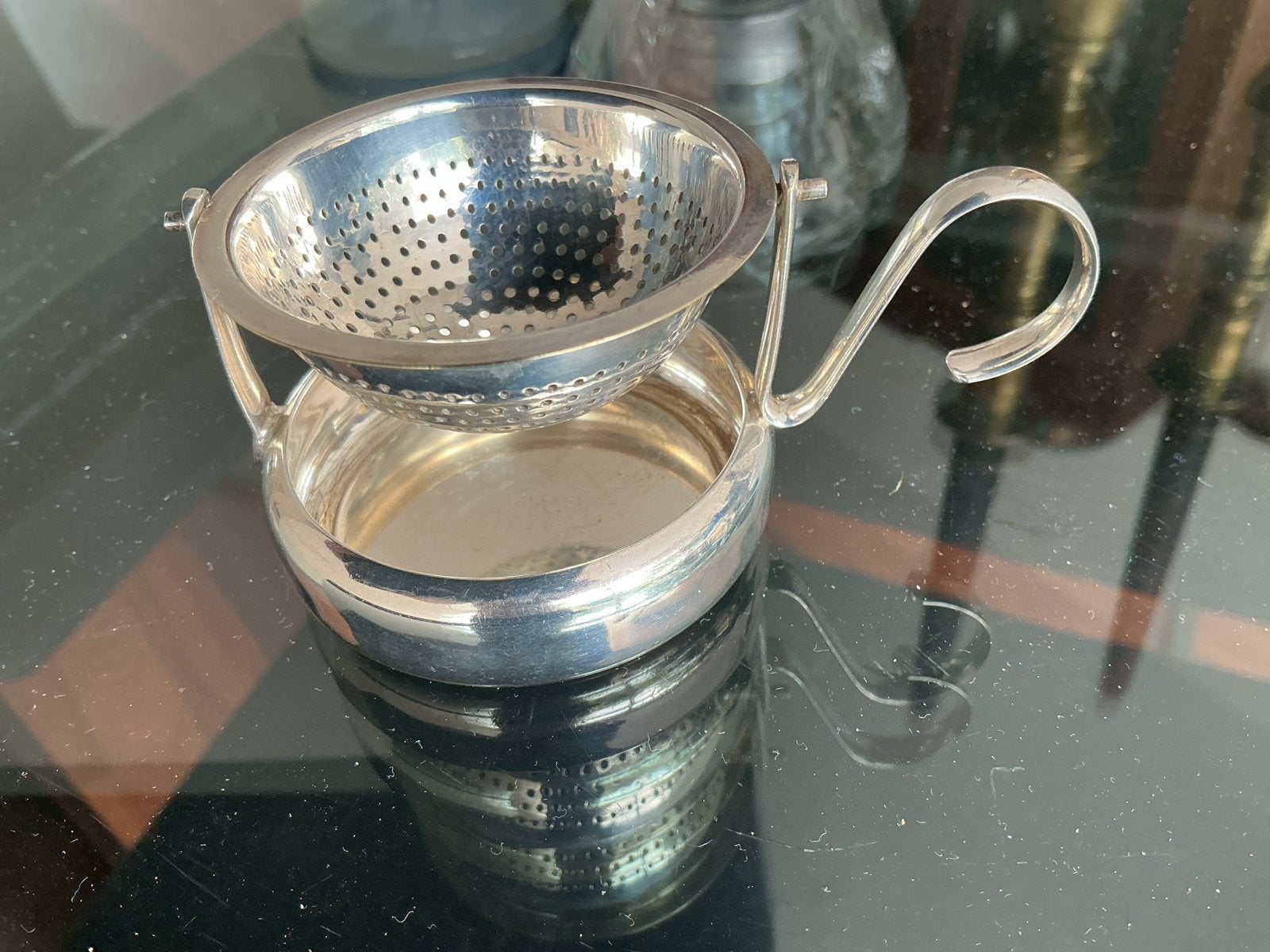 theezeef met lekbakje verzilverd, Ophalen, Zilver