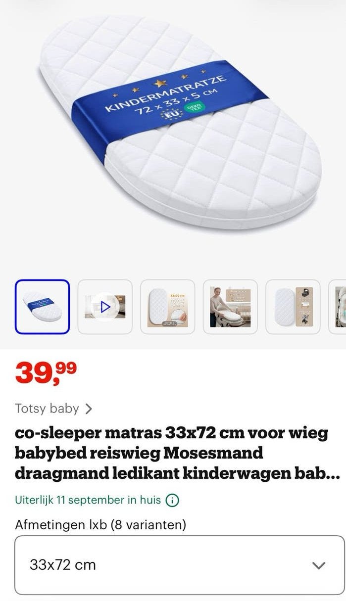 Nieuw/verpakt Co-sleeper matras 33x72 cm voor wieg/reiswieg, Kinderen en Baby's, Ophalen of Verzenden, Nieuw, Wieg