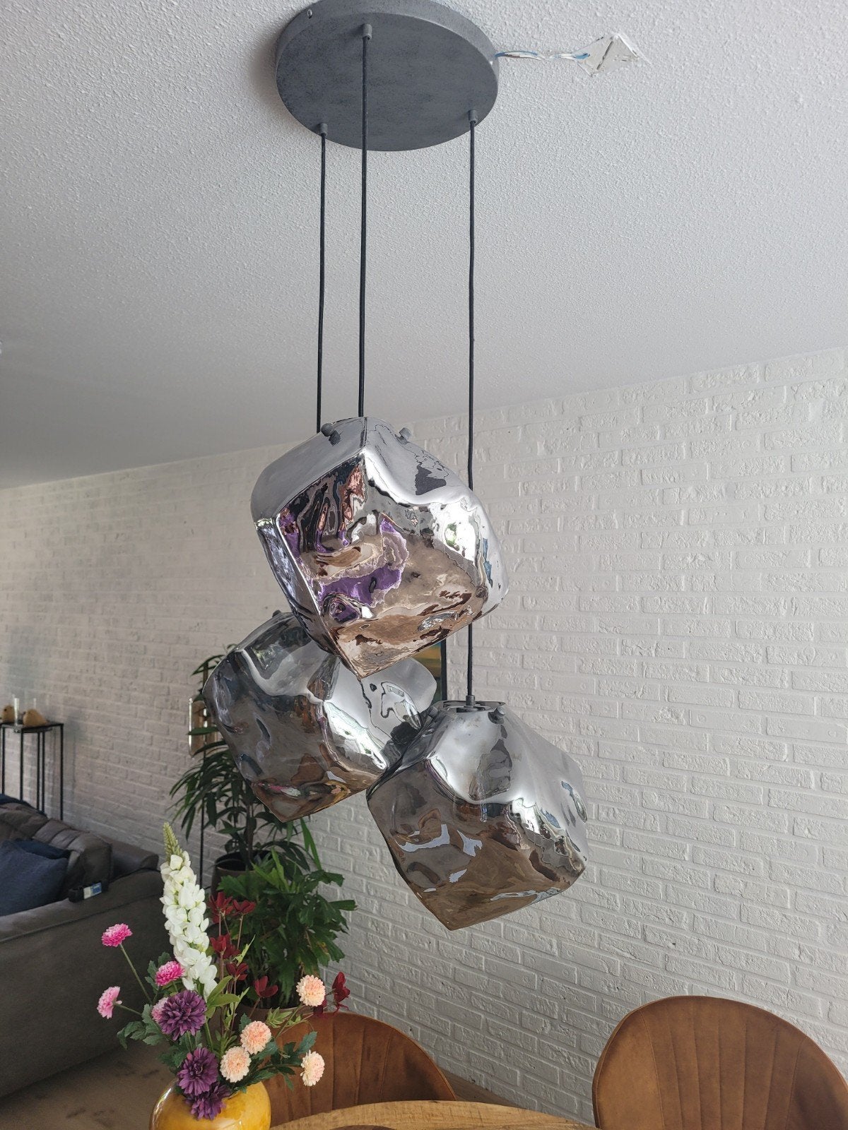 Hanglamp, met een glazen dobbelsteen vormige bol, Huis en Inrichting, Ophalen, Zo goed als nieuw, Glas, E27 (groot)
