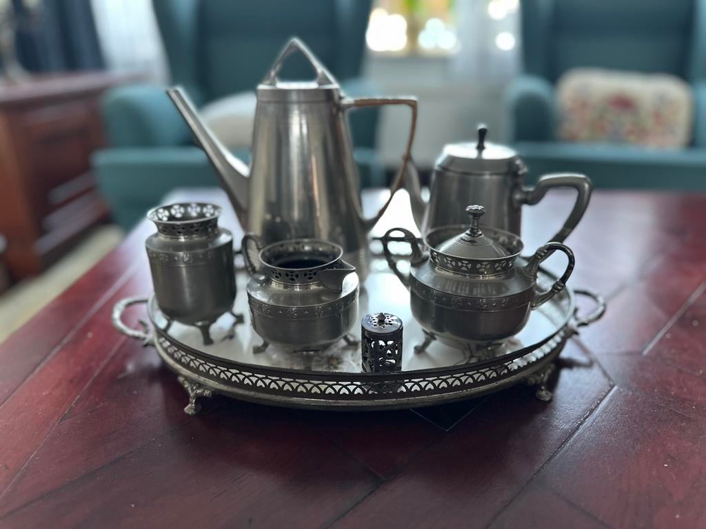 Antiek tinnen thee- en koffieservies, Art Deco-stijl, Ophalen of Verzenden
