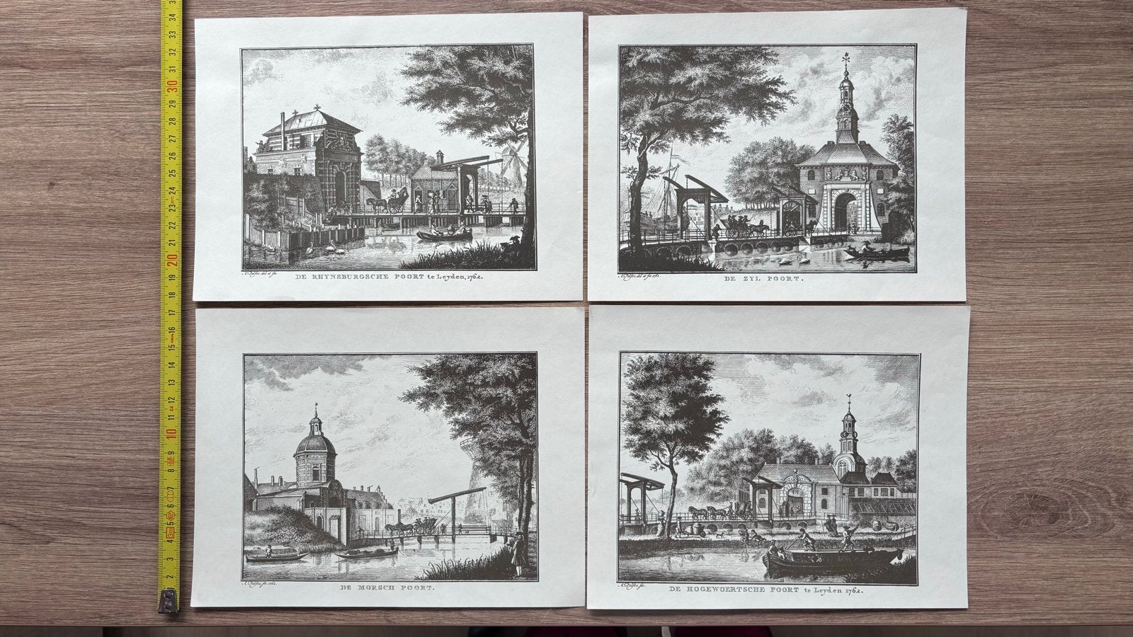 4 Antieke steendrukken Leidse Poorten - 19e Eeuw, 1800 - 1899, Stadsgezicht, Ophalen of Verzenden, Gravure