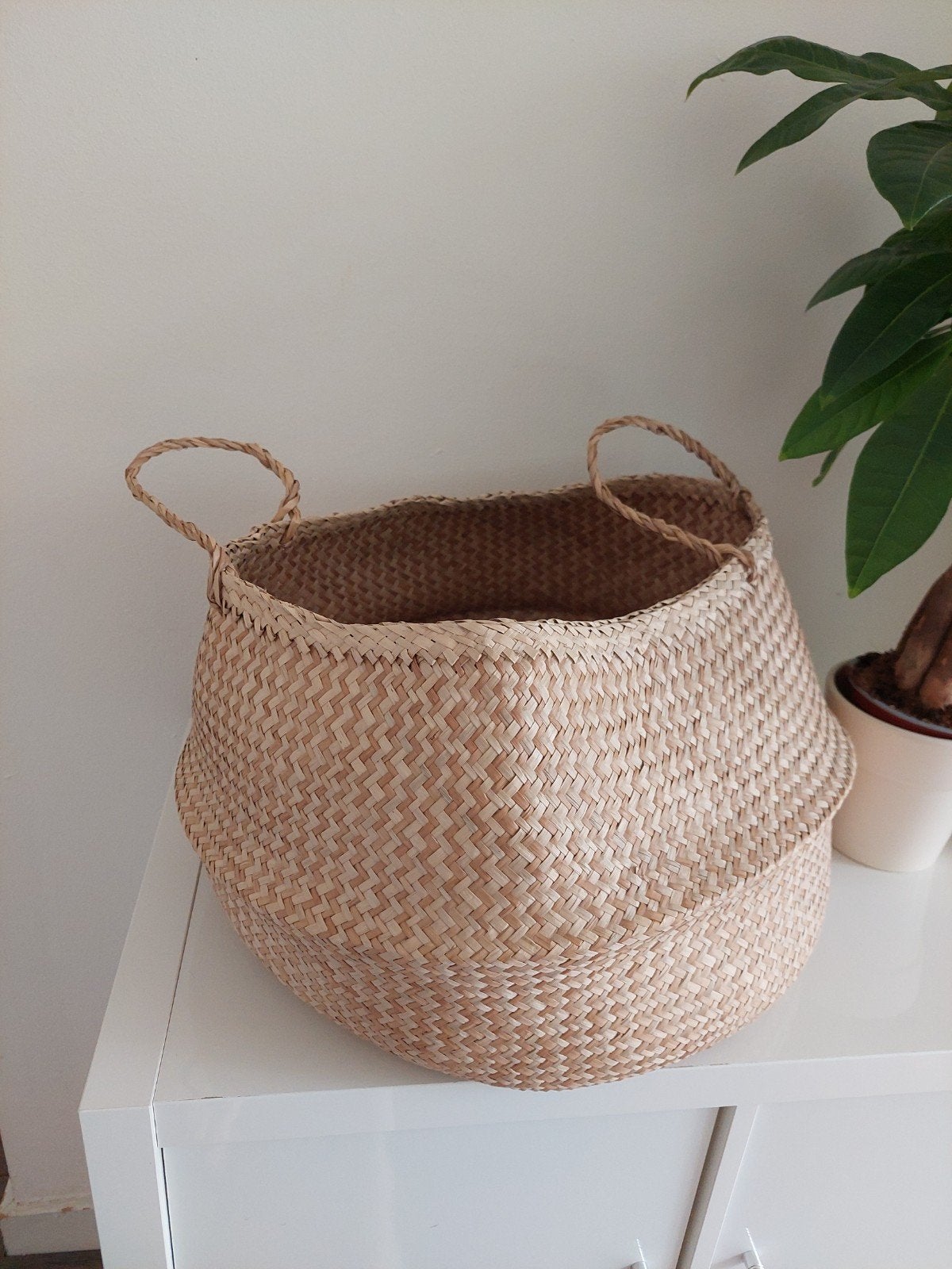 Gevlochten rieten mand met handvatten, Ophalen, Mand, Handgemaakt, Rond