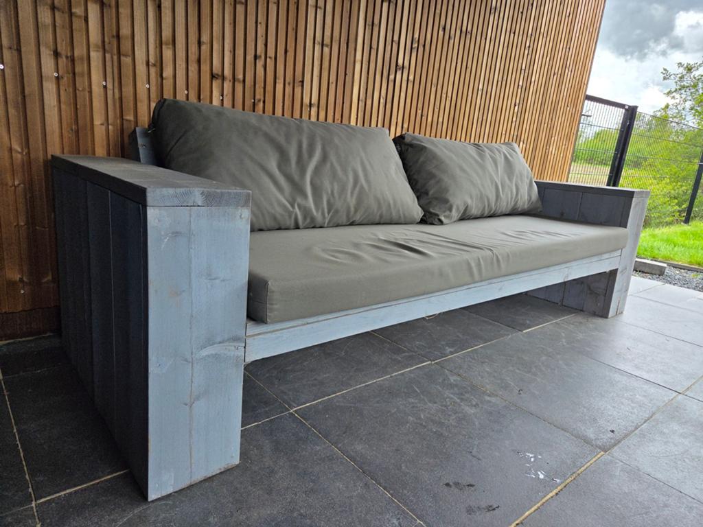 Steigerhouten loungeset met kussens - Bank en 2 stoelen, Tuin en Terras, Tuinsets en Loungesets, Ophalen, 5 zitplaatsen, Gebruikt