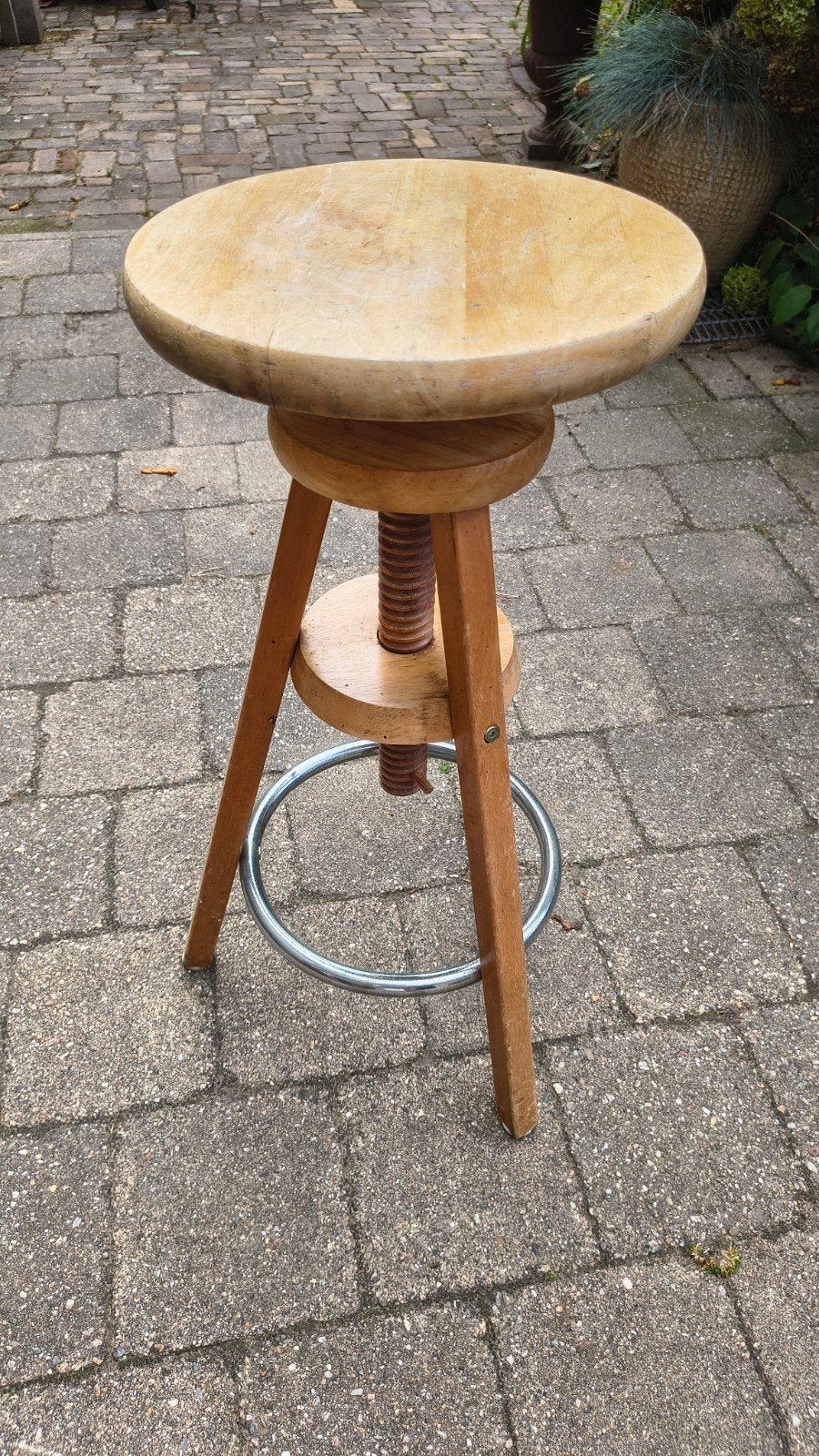 Vintage houten kruk / plantentafel, in hoogte verstelbaar, Ophalen, Gebruikt, Onbekend, In hoogte verstelbaar