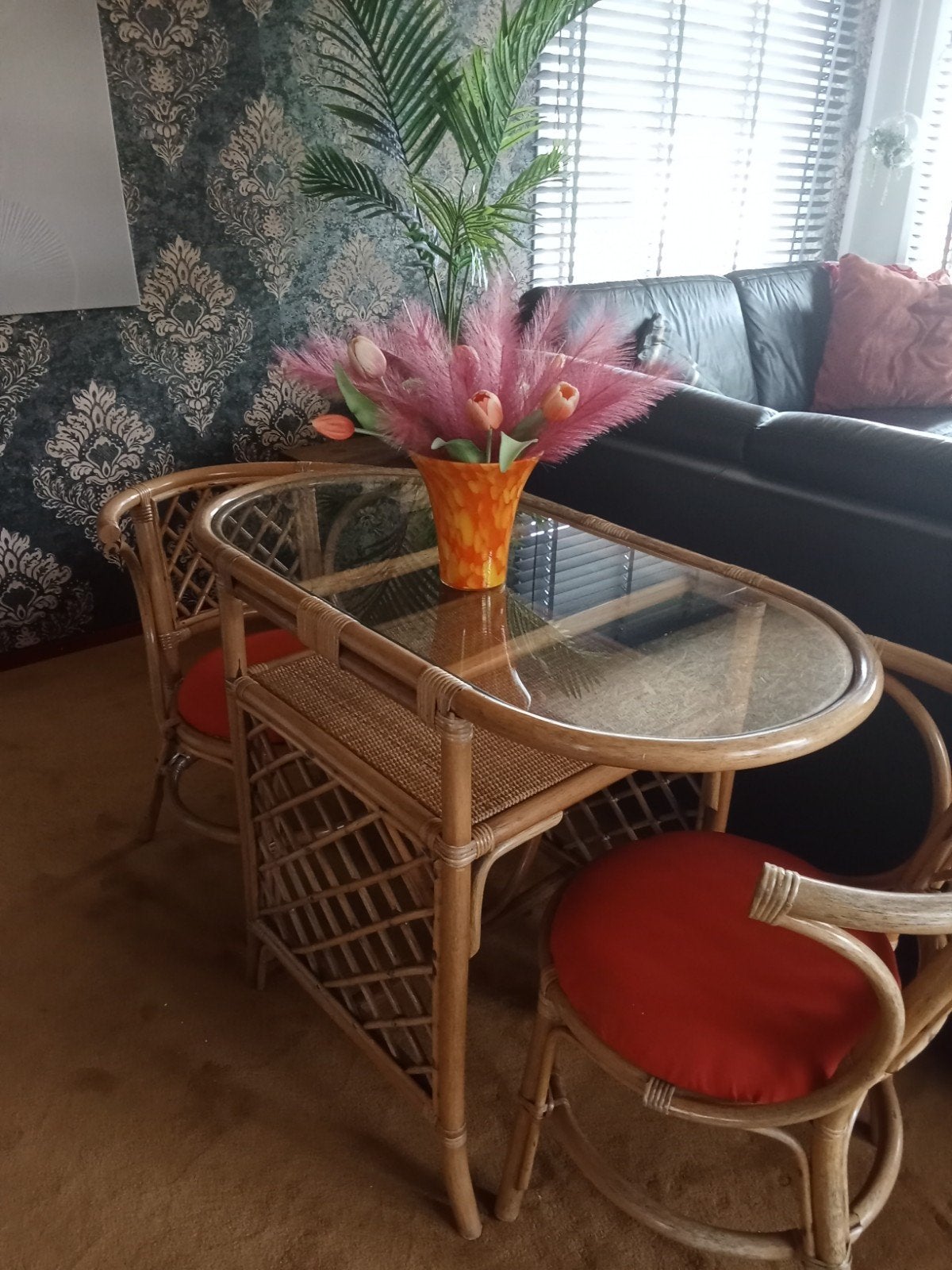 Rotan bistro set met glazen blad en 2 stoelen, Gebruikt, 100 tot 150 cm, Glas, Tot twee personen