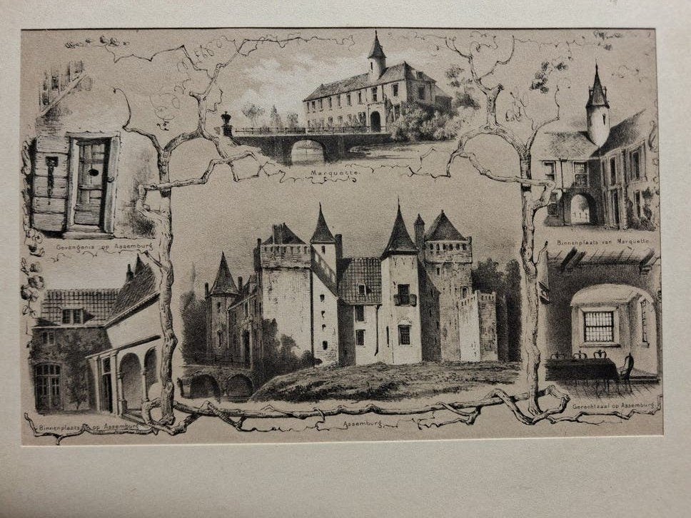 Litho Kasteel Assumburg en Marquette  Heemskerk, Ophalen, 1800 - 1899, 17 cm, Architectuur