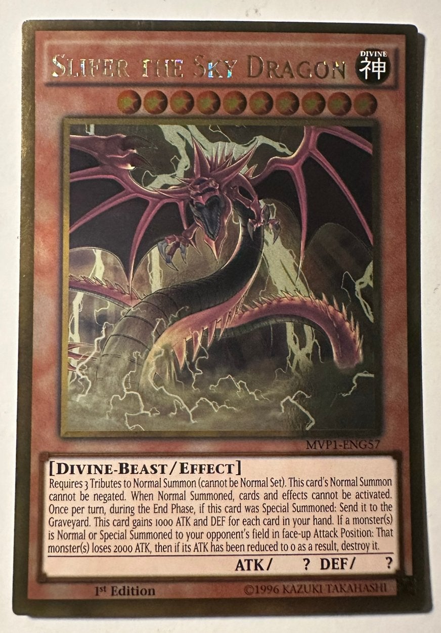 Yu-Gi-Oh! Slifer the Sky Dragon MVP1 1st Edition !, Ophalen of Verzenden, Gebruikt, Losse kaart, Foil