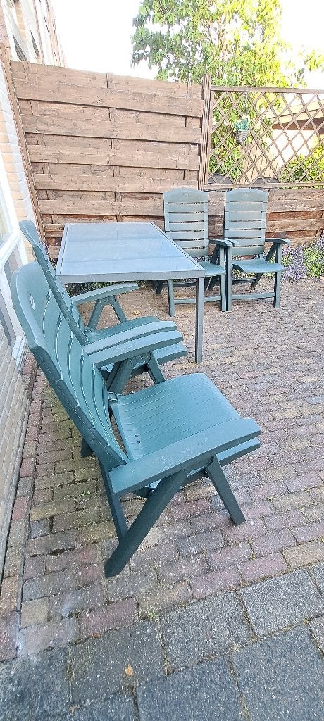 Glazen Tuintafel + 4 verstelbare stoelen Hartman, Tuin en Terras, Tuintafels, Ophalen, Gebruikt, Rechthoekig, Aluminium