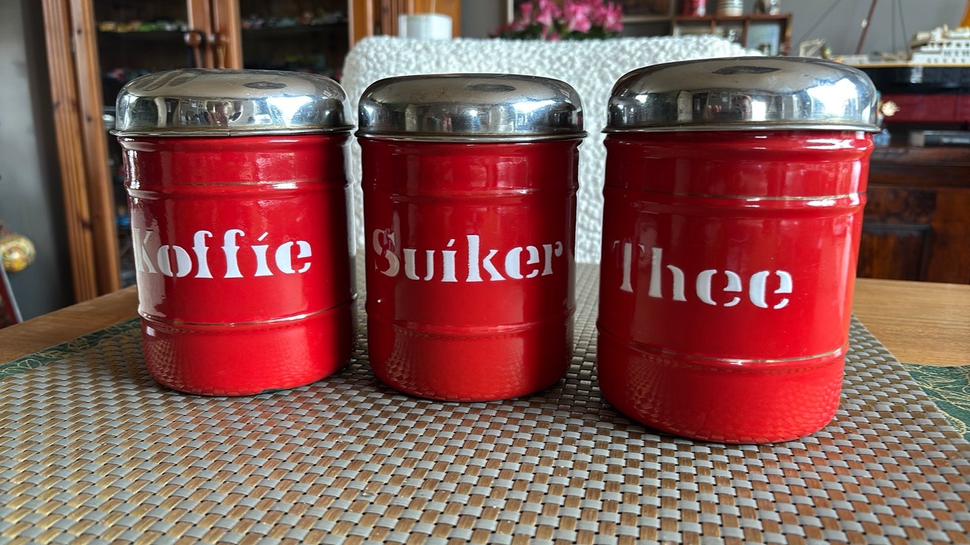 Vintage voorraadpotten: Koffie, Suiker, Thee (rood), Ophalen of Verzenden