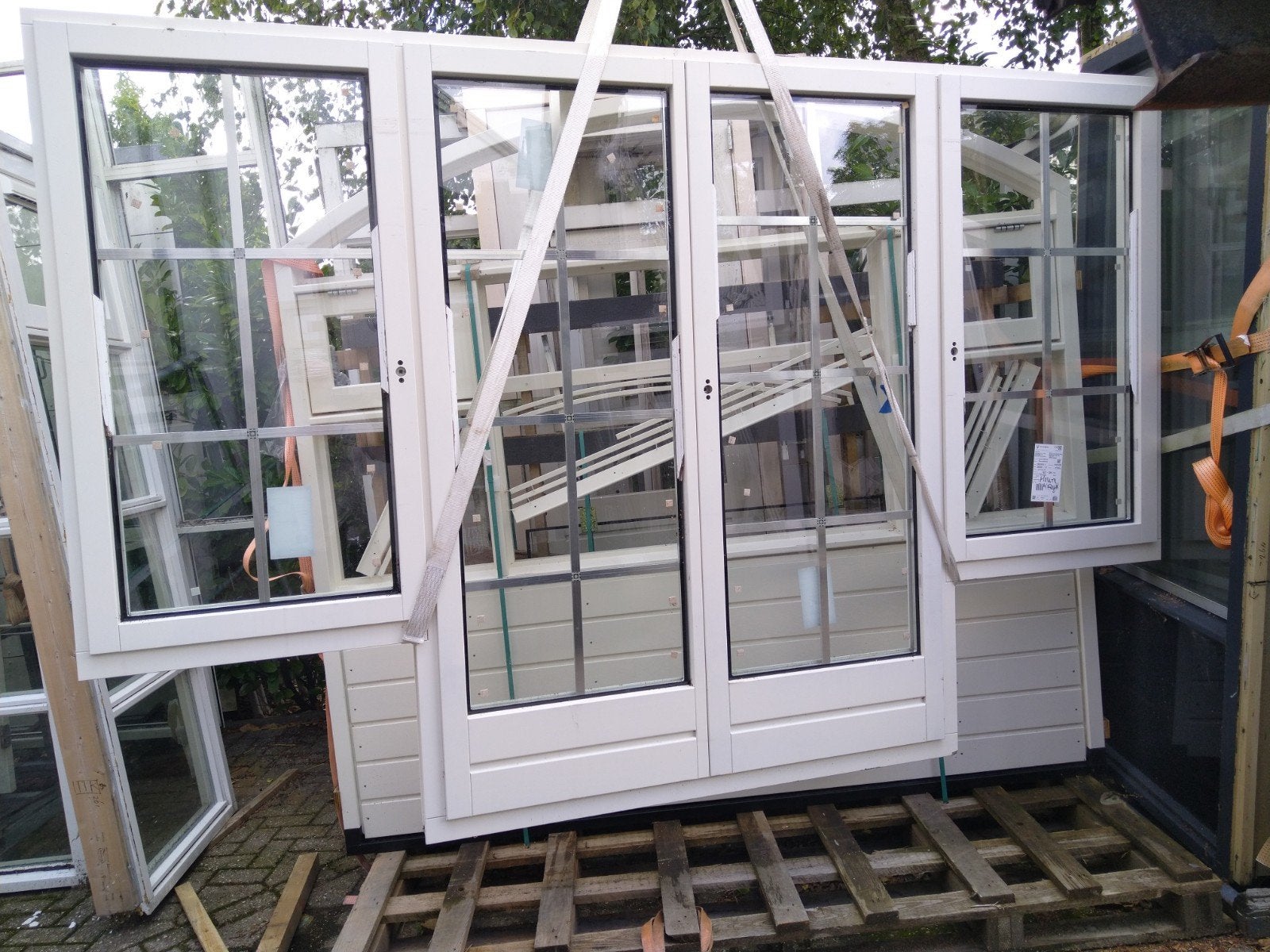 hardhout kozijn met dubbele balkon deuren en zijlichten, 120 cm of meer, Nieuw, Ophalen of Verzenden, Buitendeur