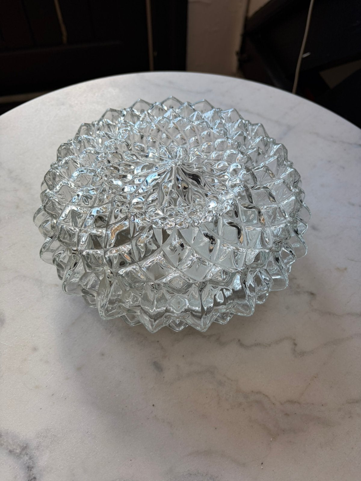 Vintage ronde plafoniere diamant driehoek bloem glazen lamp, Ophalen of Verzenden, Zo goed als nieuw, Glas