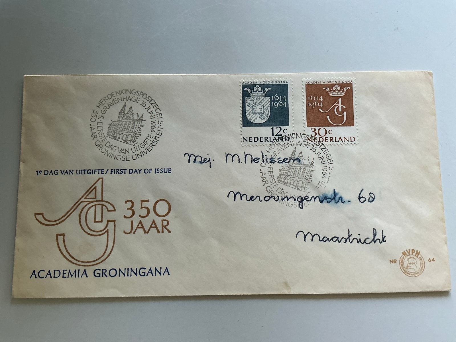 Eerste Dag Uitgifte Envelop - Academia Groningana 1964, Postzegels en Munten, Postzegels | Eerstedagenveloppen, Verzenden, Beschreven