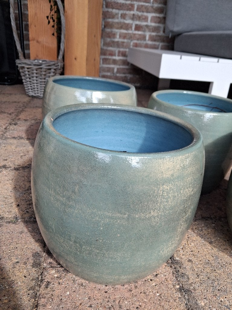 4 bloempotten blauw/groen, Ophalen, Met patroon/structuur, Blauw, Zo goed als nieuw