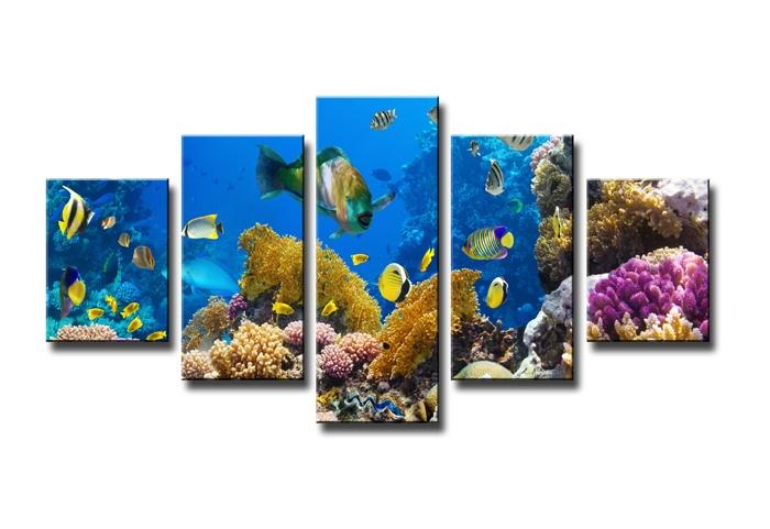 Nieuw * Vissen Aquarium 5 Luik Canvas Schilderij 80x160cm, Ophalen of Verzenden, Nieuw, 125 cm of meer, Schilderij