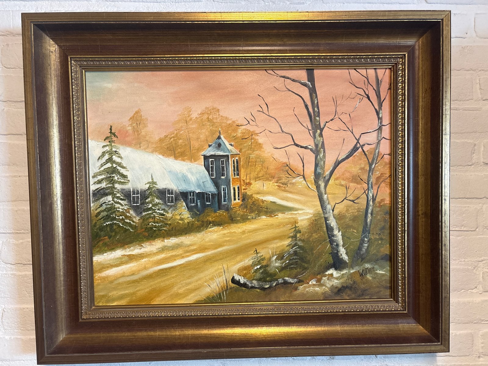 Gesigneerd schilderij W. v. Dam - Winterlandschap, Doek, Realistisch, Ophalen of Verzenden, Gesigneerd