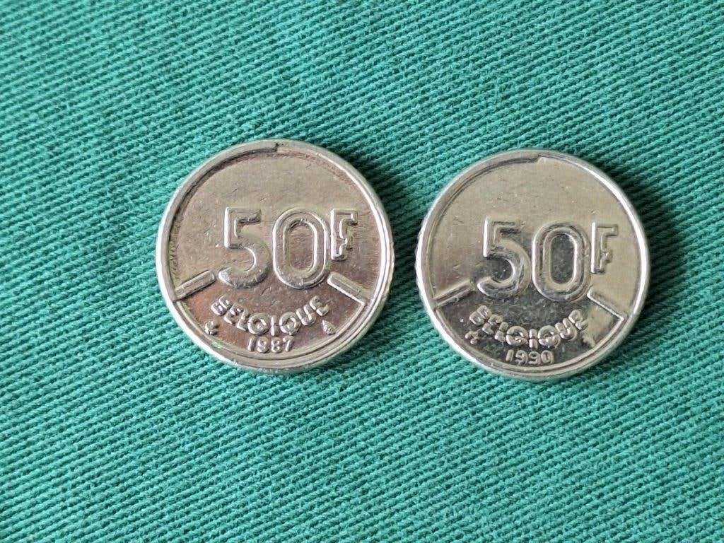 2 munten België 50 francs 1987-1990, Postzegels en Munten, Ophalen of Verzenden, Overig, Losse munt