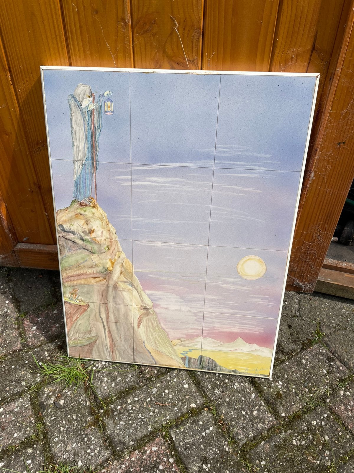 Uniek wandtegel tableau: Engel met lantaarn op bergtop, Ophalen
