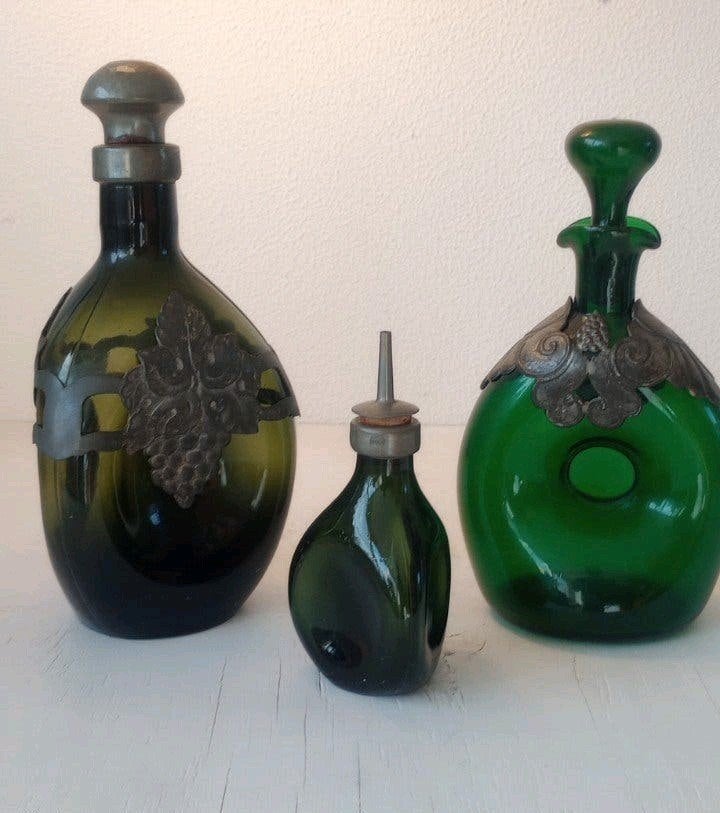 Set van 3 Vintage Karaffen/Knijpflessen met Tinbeslag, Antiek en Kunst, Ophalen