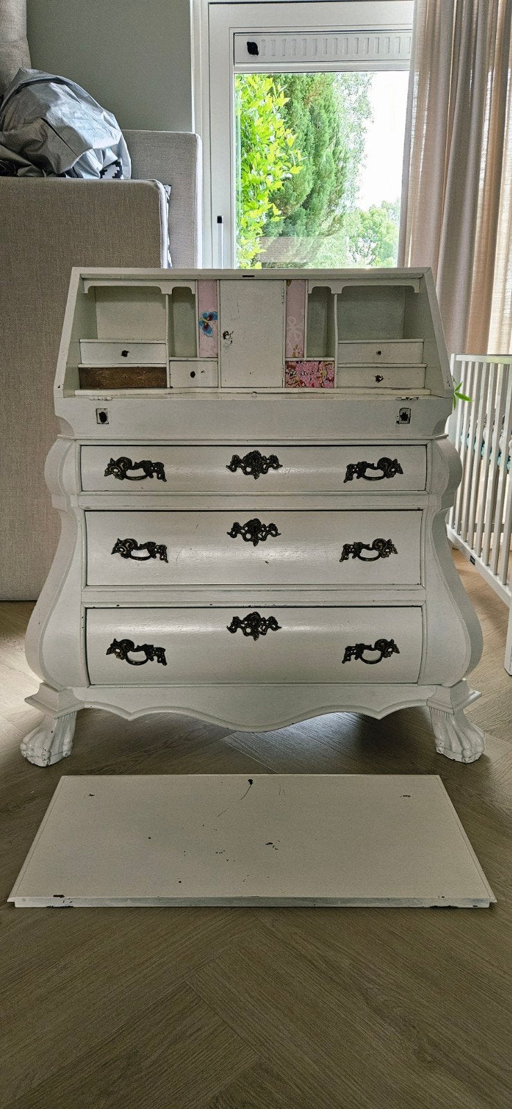 Antiek wit secretaire bureau buikkast met lades, Ophalen, Gebruikt