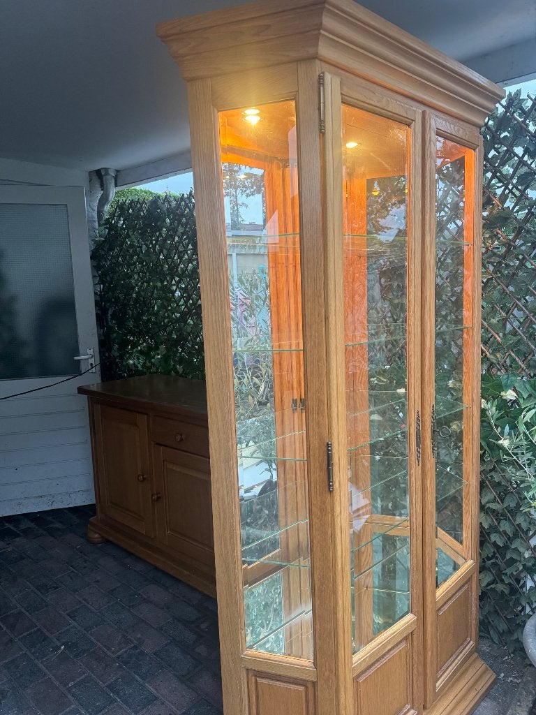 Eiken Vitrine kast met glas en spiegel erin., Ophalen, 50 tot 100 cm, 150 tot 200 cm, 25 tot 50 cm