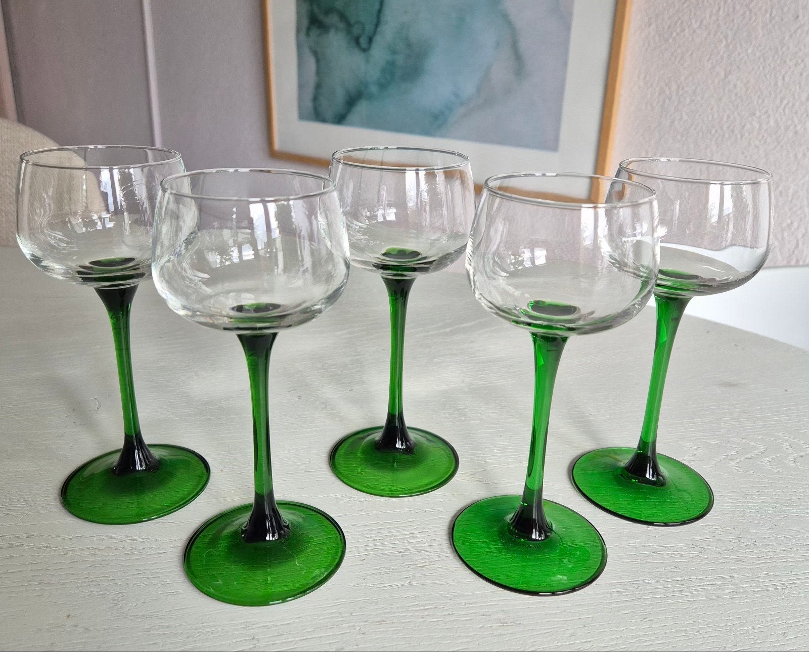 Set van 5 Vintage Glazen Groene Voet (Roemer stijl), Ophalen of Verzenden